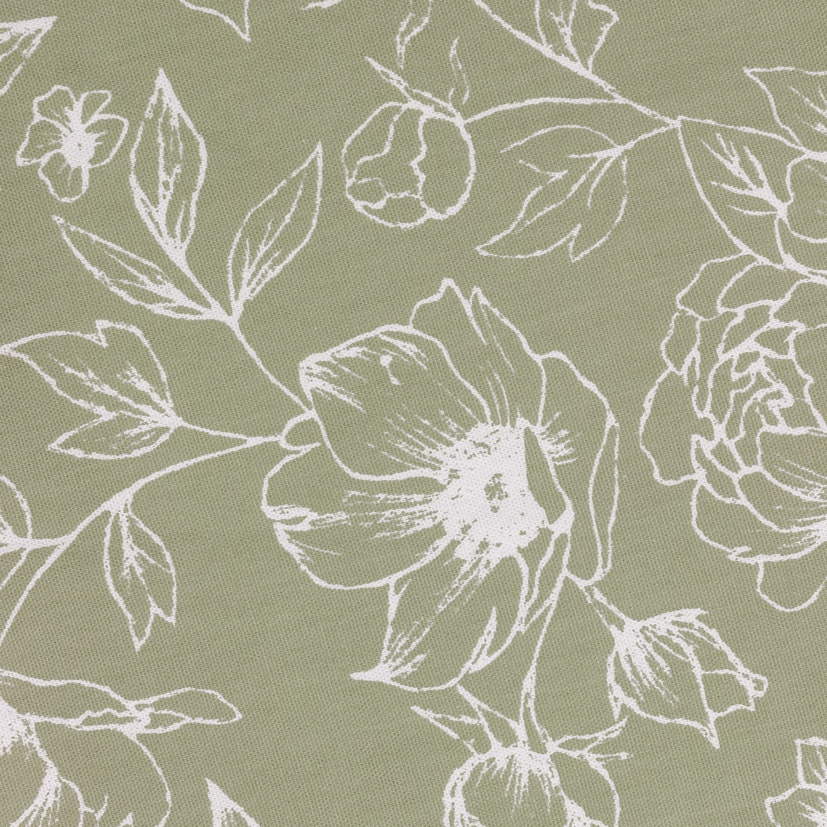 Close-up of Bella eyelet curtain fabric in sage, showing a white line-drawn floral print of open peonies and trailing leaves on cotton cloth.