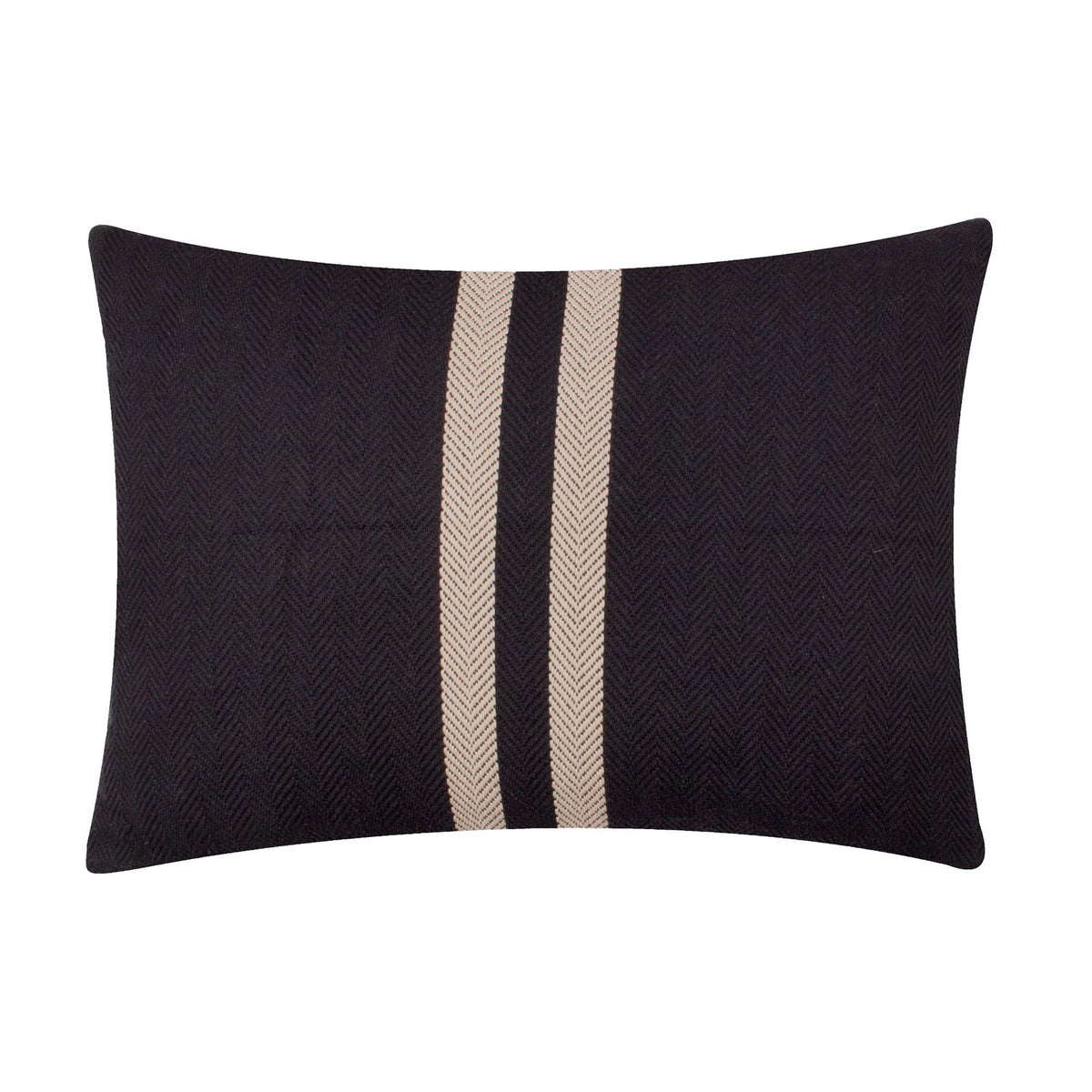 Benton Herringbone Cotton Cushion in black, rectangular with off-centre pale stripes on a woven textured ground, shown on a plain white background.