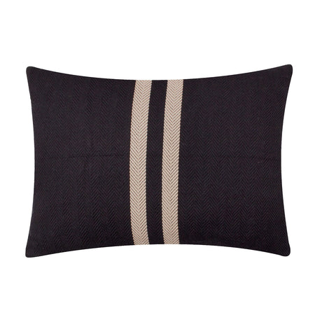 Benton Herringbone Cotton Cushion in black, rectangular with off-centre pale stripes on a woven textured ground, shown on a plain white background.