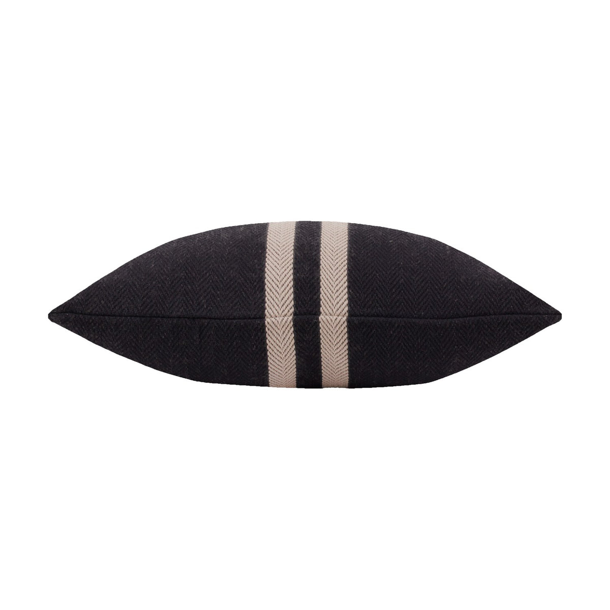 Benton Herringbone Cotton Cushion in black, shown end-on with off-centre pale stripes on textured herringbone weave, against a plain white background.