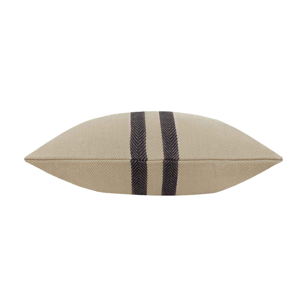 Benton Herringbone Cotton Cushion in natural beige, shown edge-on with two dark contrast stripes across the centre, set against a plain white background.