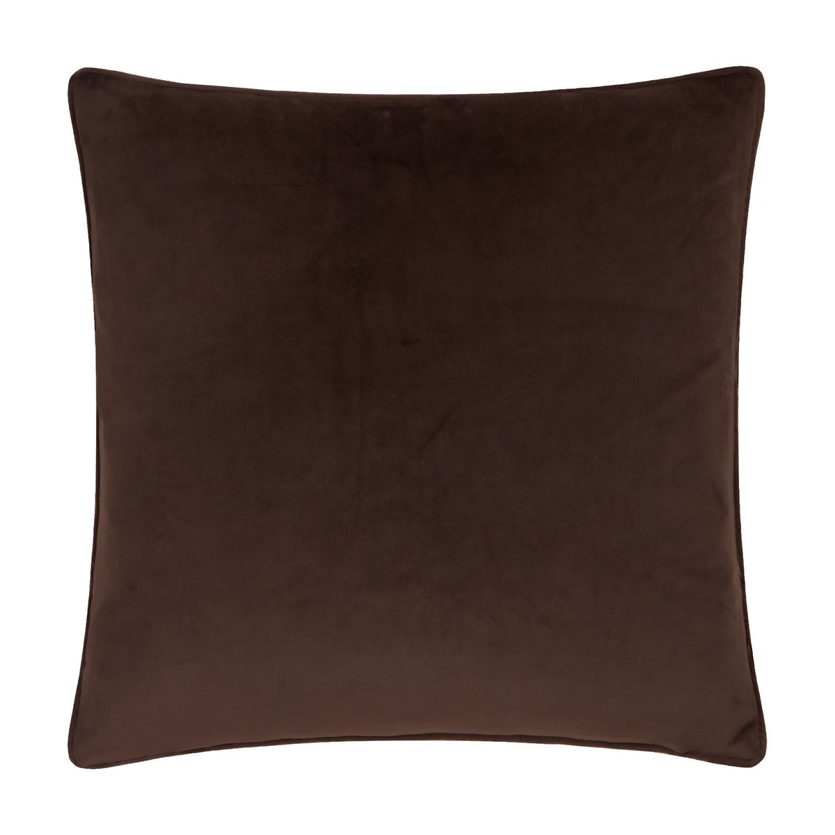 Square velvet cushion in deep brown, plain reverse side with piped edge trim, shown on a white background.