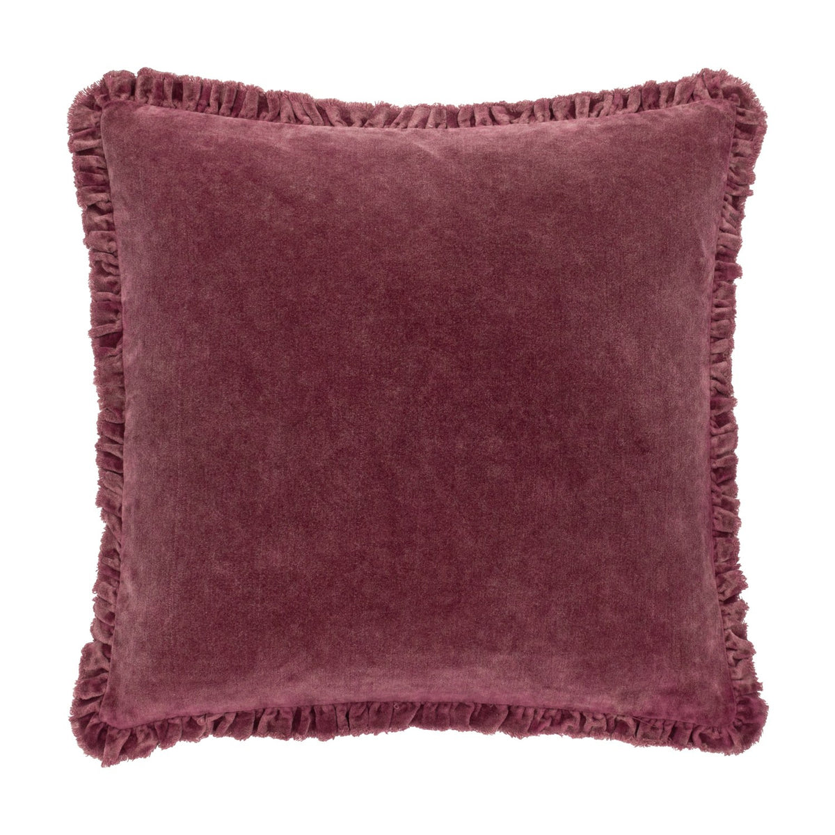 Bertie Velvet Cotton Cushion in plum-burgundy, square with frayed ruffled fringe edging and a soft heathered velvet front, shown on a plain white background.
