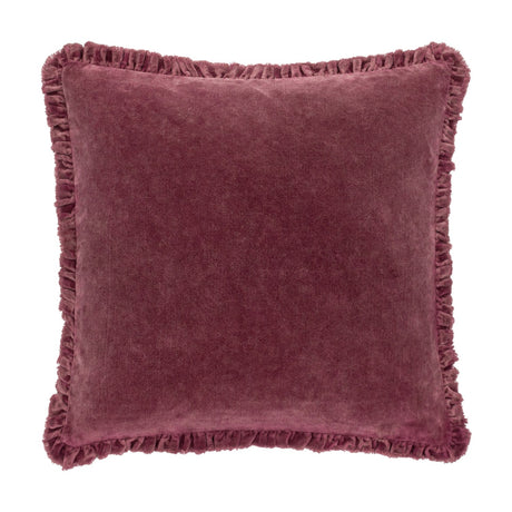 Bertie Velvet Cotton Cushion in plum-burgundy, square with frayed ruffled fringe edging and a soft heathered velvet front, shown on a plain white background.