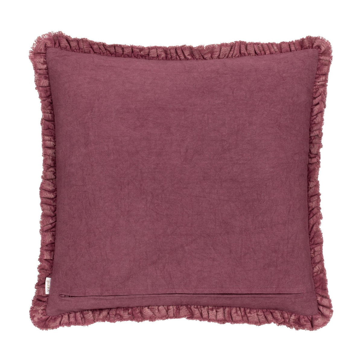 Bertie Velvet Cotton Cushion in plum/burgundy, square with frayed ruffled fringe edging, plain washed-cotton back with zip fastening, on a white background.