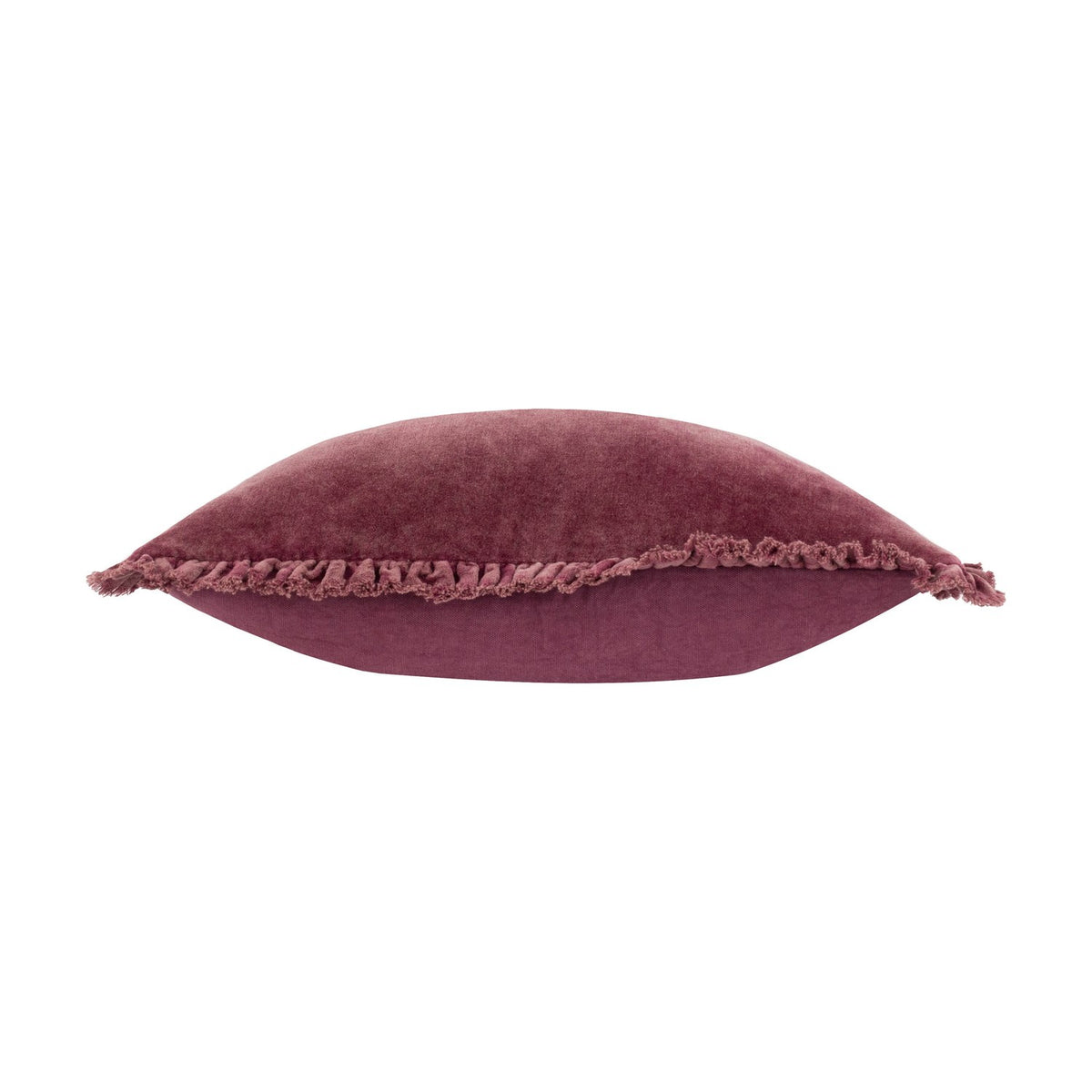 Bertie Velvet Cotton Cushion in plum/burgundy, shown side-on with frayed fringe edge and heathered velvet front against a plain white background.