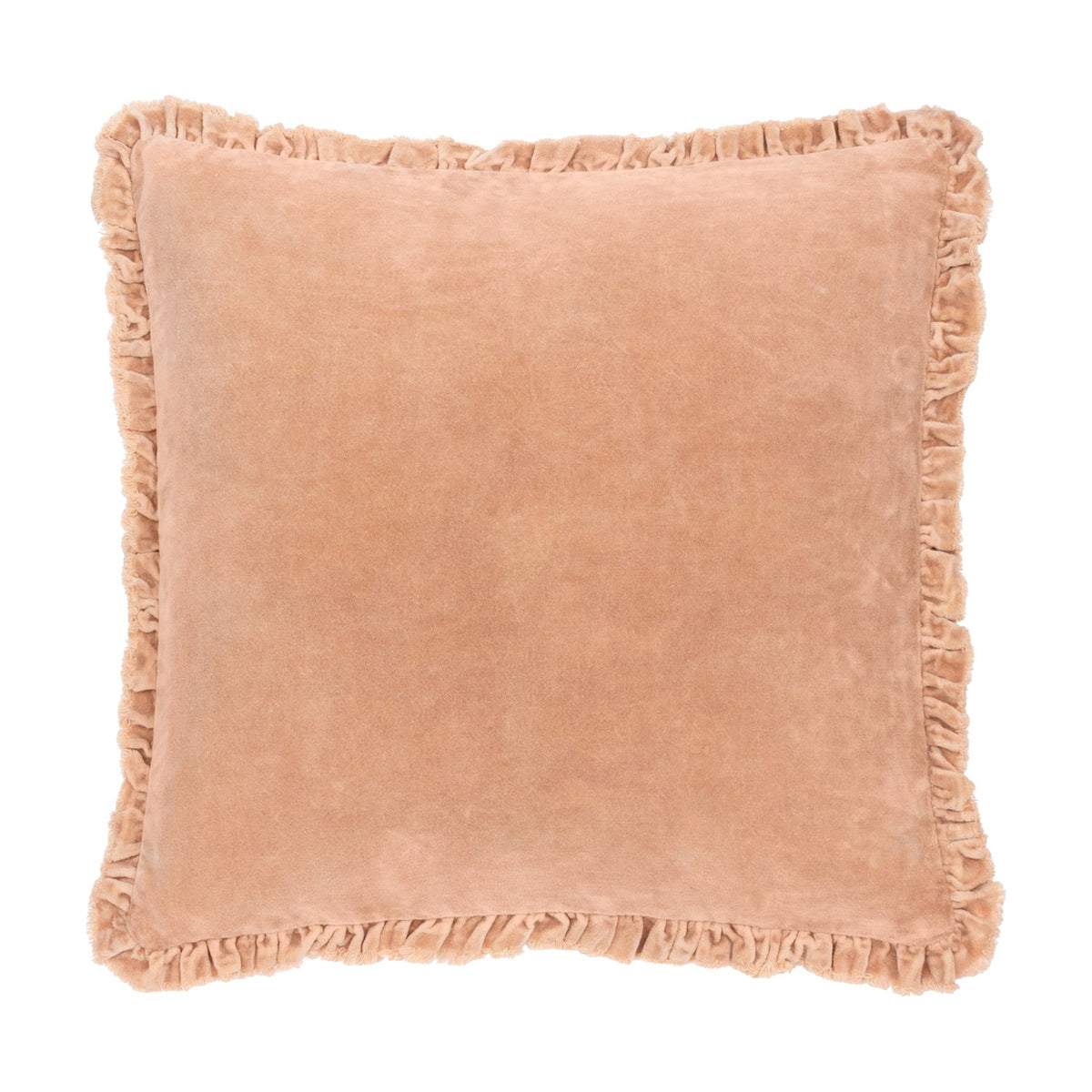 Bertie Velvet Cotton Cushion in peach, a square 45x45cm design with ruffled edge trim and soft cotton velvet front, shown on a plain white background.