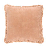 Bertie Velvet Cotton Cushion in peach, a square 45x45cm design with ruffled edge trim and soft cotton velvet front, shown on a plain white background.