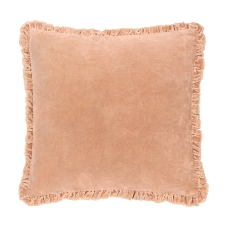 Bertie Velvet Cotton Cushion in peach, a square 45x45cm design with ruffled edge trim and soft cotton velvet front, shown on a plain white background.