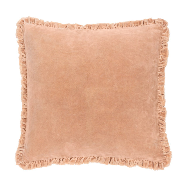 Bertie Velvet Cotton Cushion in peach, a square 45x45cm design with ruffled edge trim and soft cotton velvet front, shown on a plain white background.