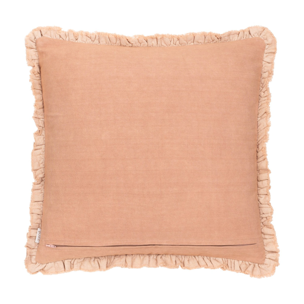 Bertie Velvet Cotton Cushion in peach, square design with ruffled edge trim and back zip closure, shown against a plain white background.