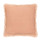 Bertie Velvet Cotton Cushion in peach, square design with ruffled edge trim and back zip closure, shown against a plain white background.