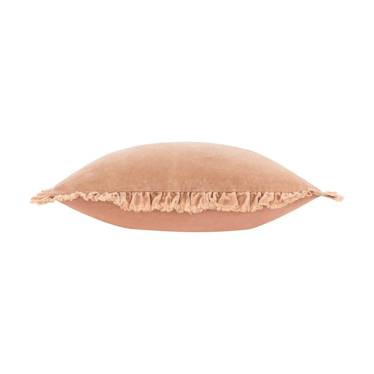 Bertie Velvet Cotton Cushion in peach, side view showing plump square shape with frayed fringe trim edging, cotton velvet front and plain back, on a white background.