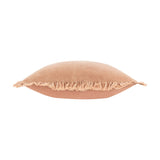 Bertie Velvet Cotton Cushion in peach, side view showing plump square shape with frayed fringe trim edging, cotton velvet front and plain back, on a white background.