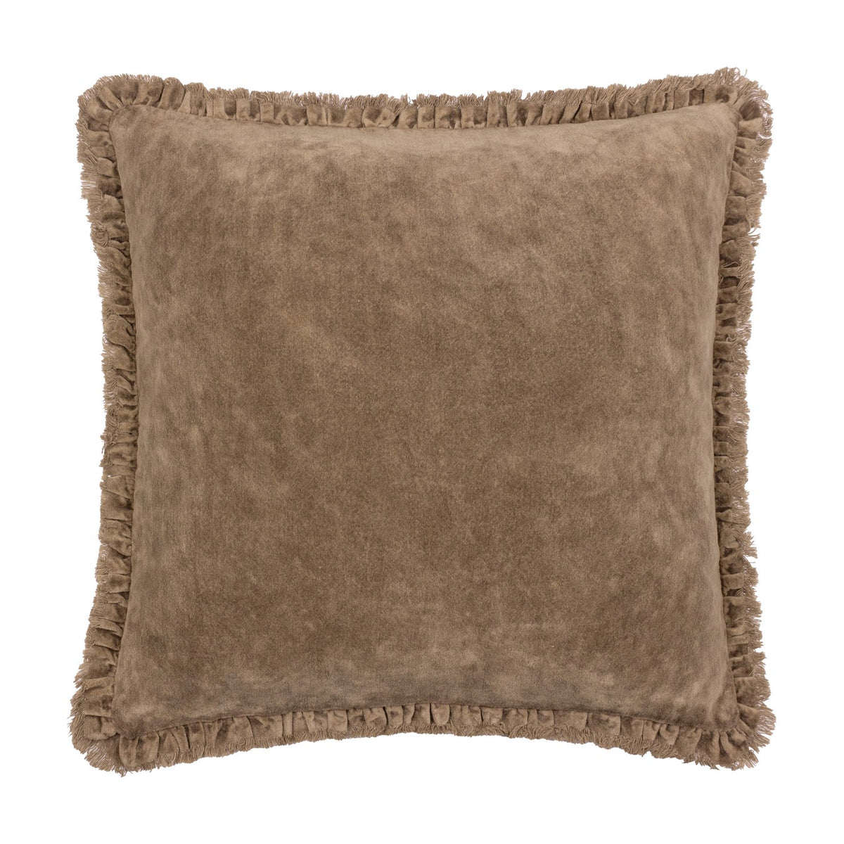 Bertie Velvet Cotton Cushion in chocolate brown, square 45 x 45cm with dense velvet pile and frayed fringe edging, shown on a plain white background.