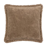 Bertie Velvet Cotton Cushion in chocolate brown, square 45 x 45cm with dense velvet pile and frayed fringe edging, shown on a plain white background.