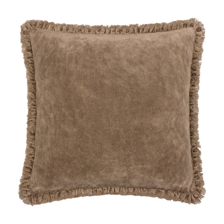 Bertie Velvet Cotton Cushion in chocolate brown, square 45 x 45cm with dense velvet pile and frayed fringe edging, shown on a plain white background.