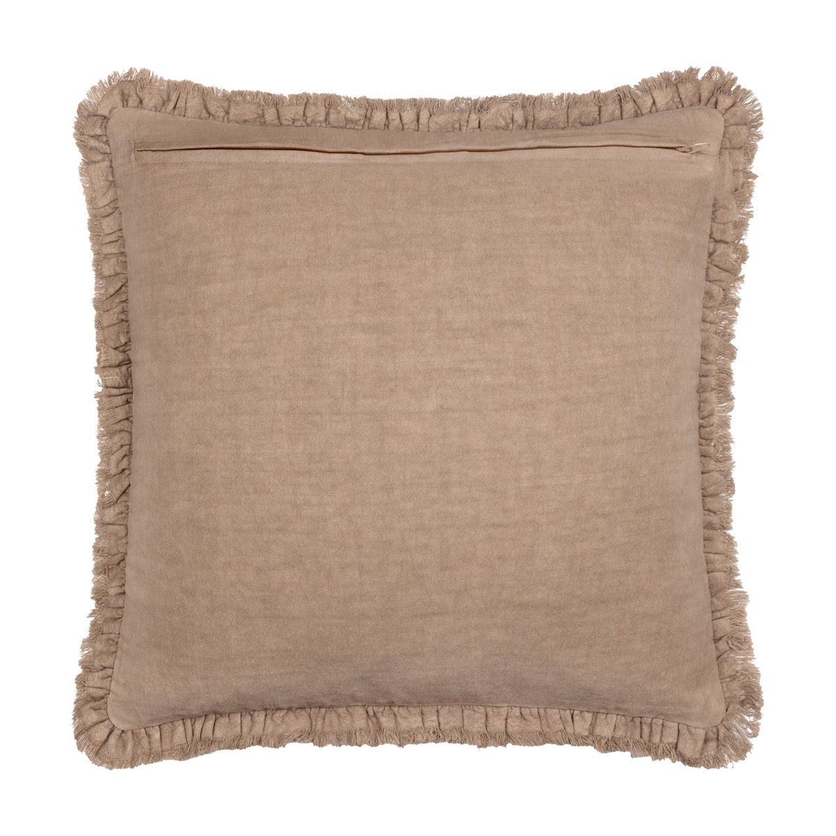 Bertie Velvet Cotton Cushion in Chocolate, square 45 x 45cm with frayed fringe edging, shown reverse side in plain woven cotton against a white background.