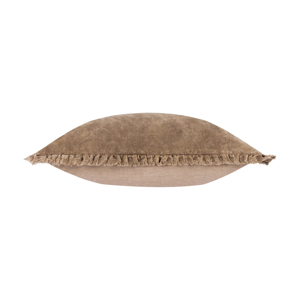 Bertie Velvet Cotton Cushion in chocolate brown, shown lying flat from the side with frayed fringe edge and plain cotton reverse, on a white background.