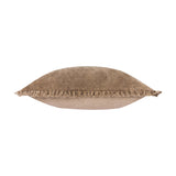 Bertie Velvet Cotton Cushion in chocolate brown, shown lying flat from the side with frayed fringe edge and plain cotton reverse, on a white background.