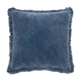 Bertie Velvet Cotton Cushion in mid blue, square with fringed edge trim, washed velvet front showing mottled tonal texture, on a plain white background.