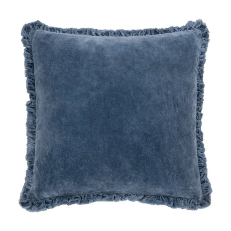 Bertie Velvet Cotton Cushion in mid blue, square with fringed edge trim, washed velvet front showing mottled tonal texture, on a plain white background.