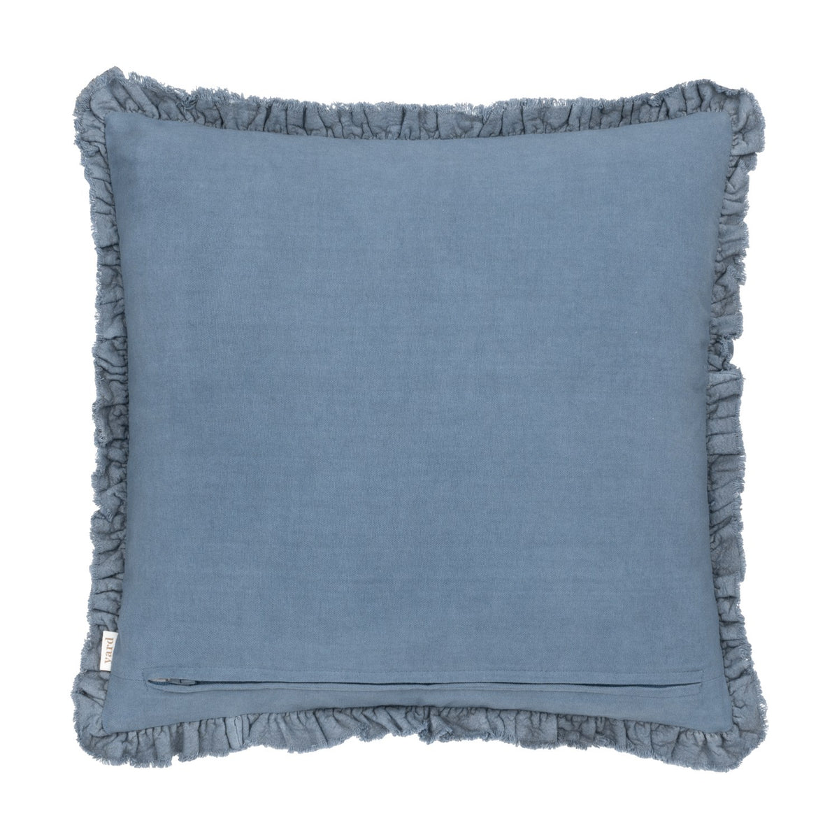 Bertie Velvet Cotton Cushion in mid blue, square with frayed ruffled edge trim, plain cotton reverse and concealed zip, shown on a white background.