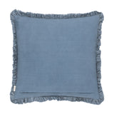 Bertie Velvet Cotton Cushion in mid blue, square with frayed ruffled edge trim, plain cotton reverse and concealed zip, shown on a white background.