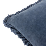 Close-up of the Bertie Velvet Cotton Cushion in mid blue, showing the mottled cotton velvet front and fringed edge trim against a white background.