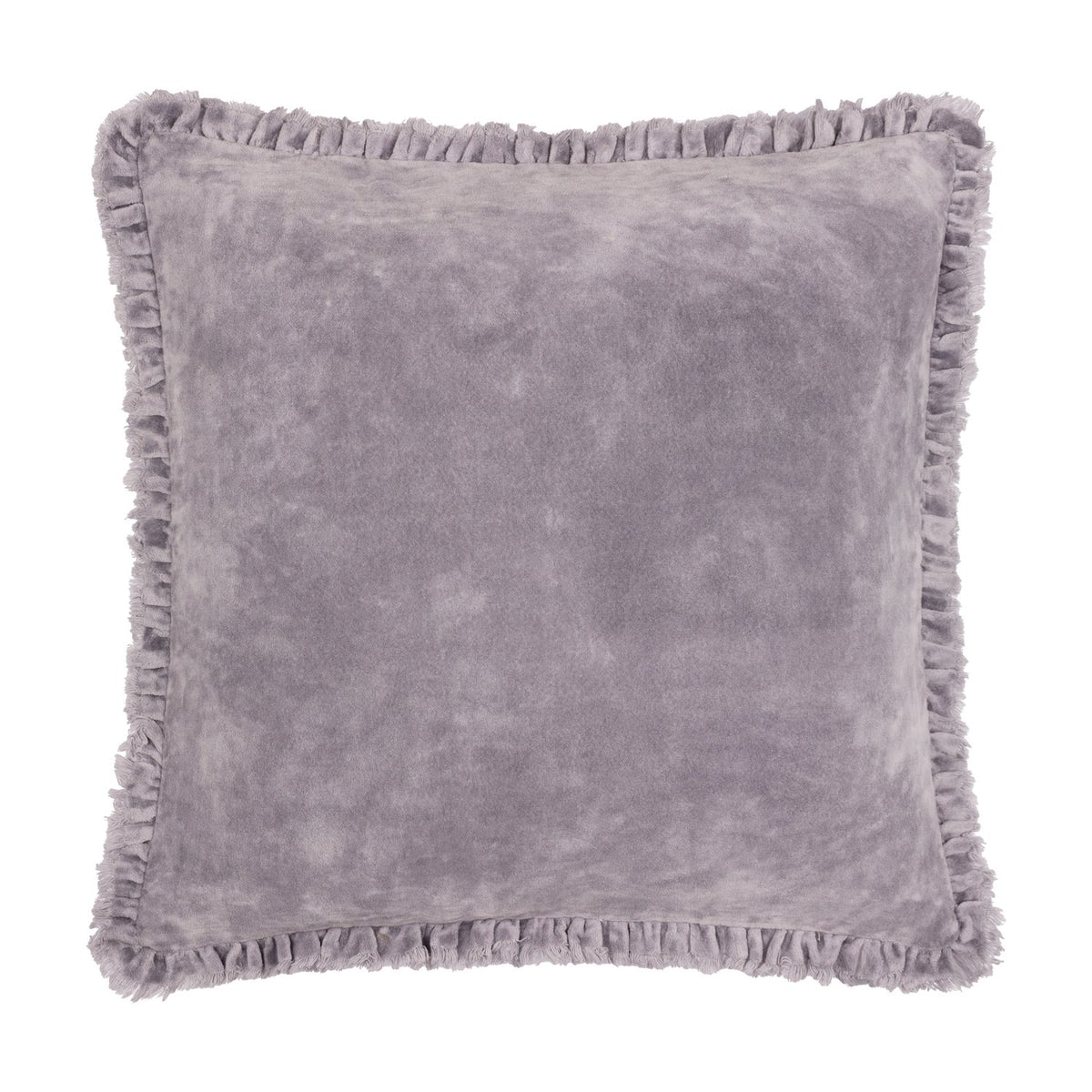 Bertie Velvet Cotton Cushion in mauve, a square 45 x 45cm design with a plain, soft-pile velvet face and frayed fringe trim edging, shown on a plain white background.