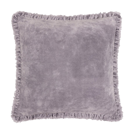 Bertie Velvet Cotton Cushion in mauve, a square 45 x 45cm design with a plain, soft-pile velvet face and frayed fringe trim edging, shown on a plain white background.