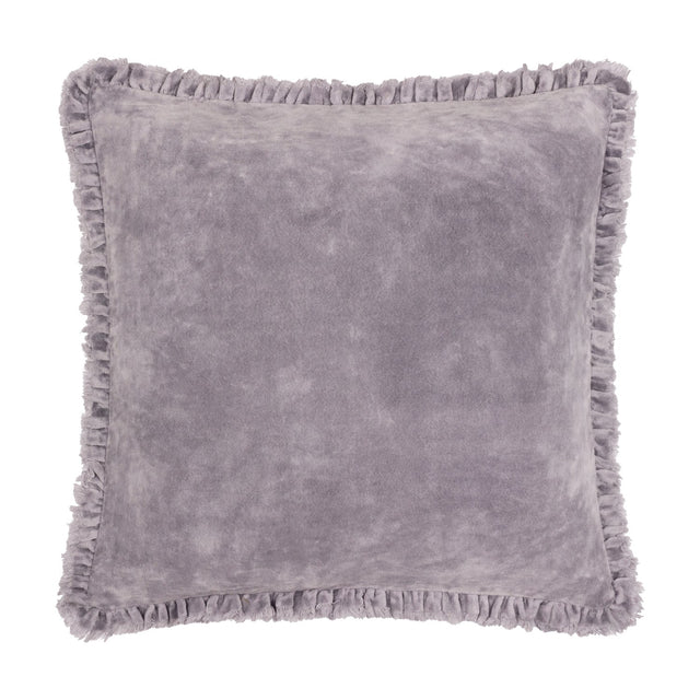 Bertie Velvet Cotton Cushion in mauve, a square 45 x 45cm design with a plain, soft-pile velvet face and frayed fringe trim edging, shown on a plain white background.