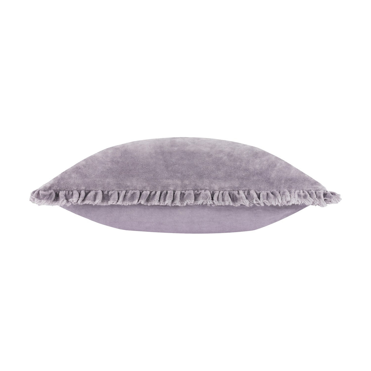 Bertie Velvet Cotton Cushion in mauve, shown edge-on with plain velvet faces and a frayed fringe trim along the seam, set against a white background.