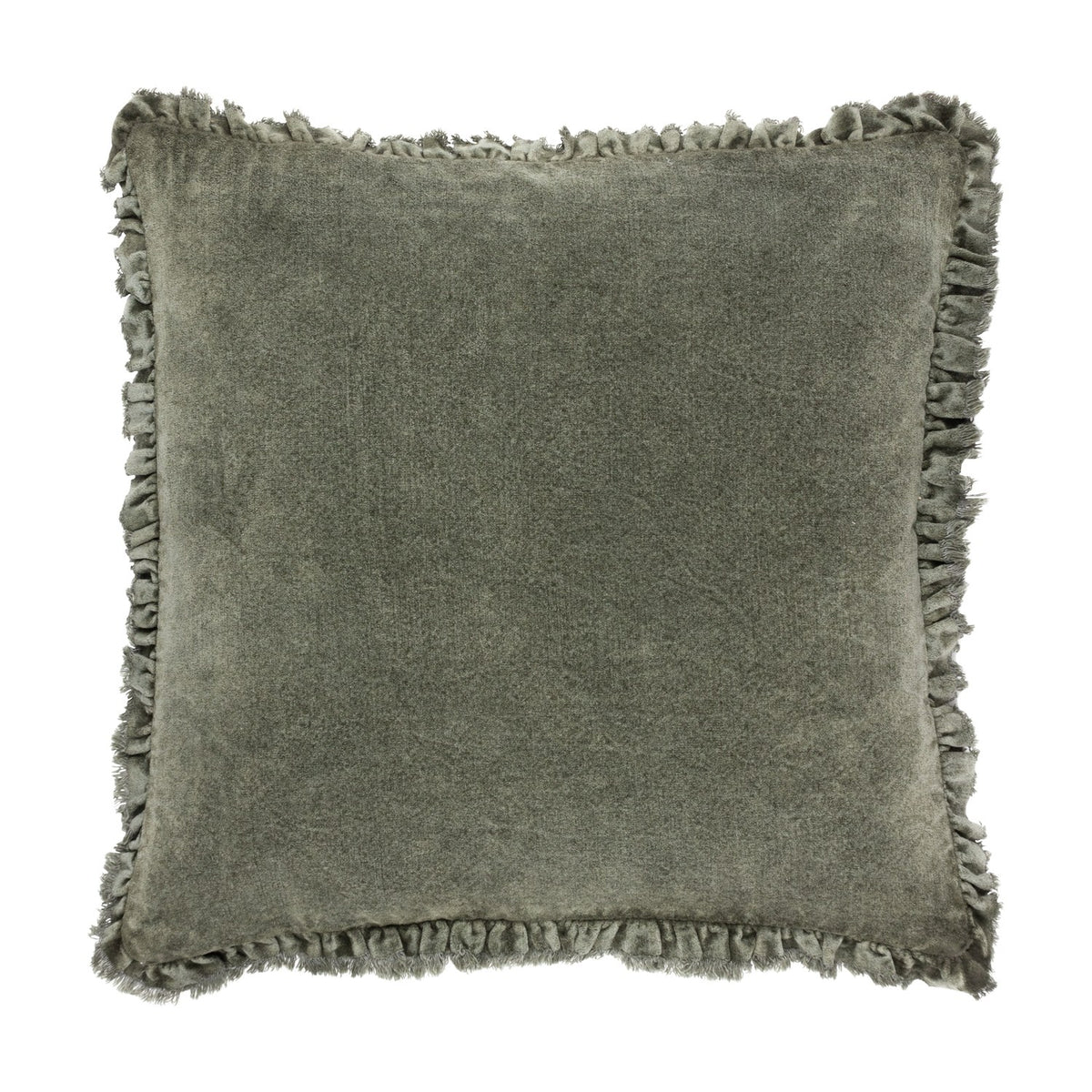 Bertie Velvet Cotton Cushion in moss green, square 45 x 45cm with a frayed fringed edge, shown on a plain white background.