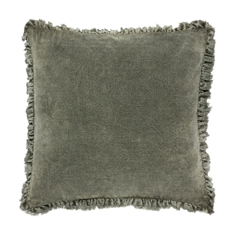 Bertie Velvet Cotton Cushion in moss green, square 45 x 45cm with a frayed fringed edge, shown on a plain white background.