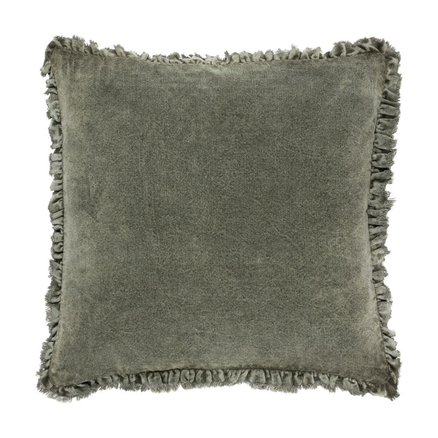 Bertie Velvet Cotton Cushion in moss green, square 45 x 45cm with a frayed fringed edge, shown on a plain white background.