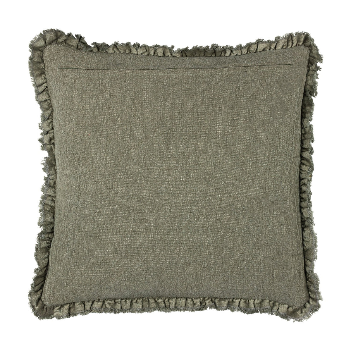 Bertie Velvet Cotton Cushion in moss green, square 45x45cm with a frayed fringed edge and textured cotton velvet front, shown against a plain white background.