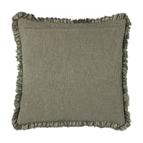 Bertie Velvet Cotton Cushion in moss green, square 45x45cm with a frayed fringed edge and textured cotton velvet front, shown against a plain white background.