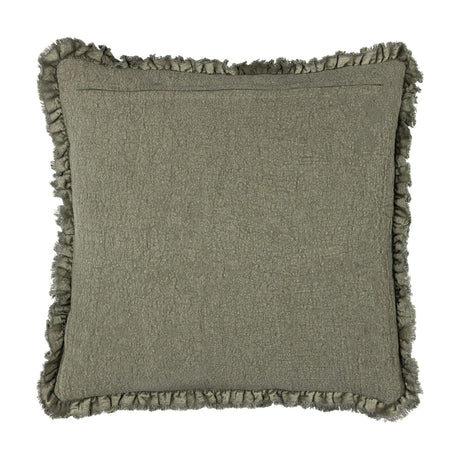 Bertie Velvet Cotton Cushion in moss green, square 45x45cm with a frayed fringed edge and textured cotton velvet front, shown against a plain white background.