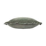 Side view of the Bertie Velvet Cotton Cushion in moss green, showing plump cotton velvet fill and a frayed fringed edge, set against a plain white background.