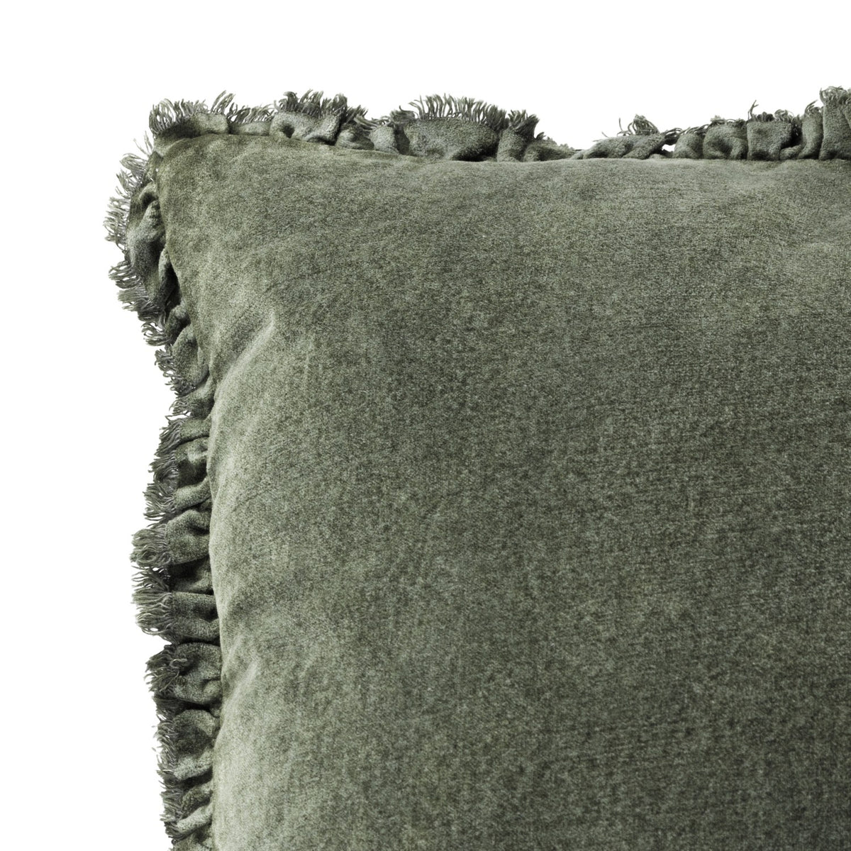Close-up of the Bertie Velvet Cotton Cushion in moss green, showing the textured cotton velvet front and frayed fringed edge, against a plain white background.