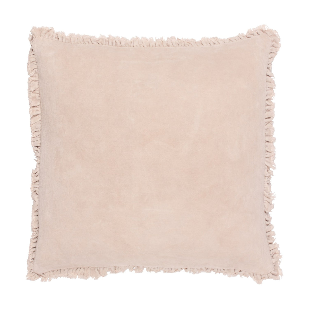 Bertie Velvet Cotton Cushion in natural, square with soft cotton velvet front, plain cotton reverse, and frayed fringed trim on all edges, shown on a white background.