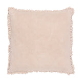 Bertie Velvet Cotton Cushion in natural, square with soft cotton velvet front, plain cotton reverse, and frayed fringed trim on all edges, shown on a white background.