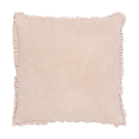 Bertie Velvet Cotton Cushion in natural, square with soft cotton velvet front, plain cotton reverse, and frayed fringed trim on all edges, shown on a white background.