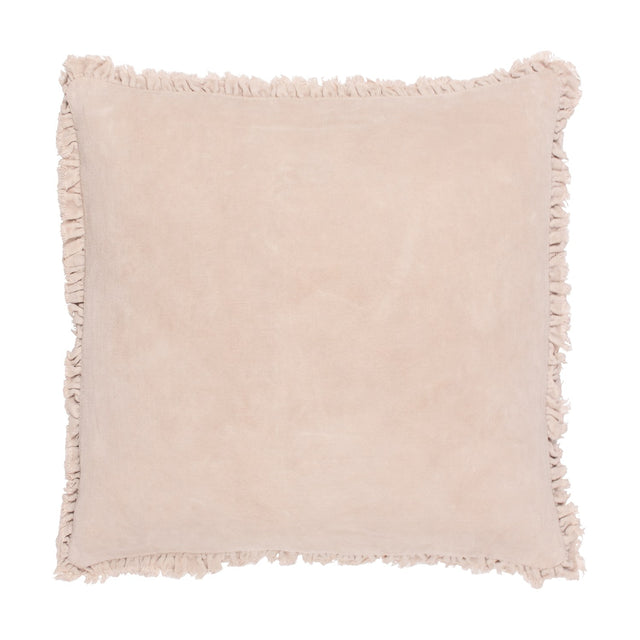 Bertie Velvet Cotton Cushion in natural, square with soft cotton velvet front, plain cotton reverse, and frayed fringed trim on all edges, shown on a white background.