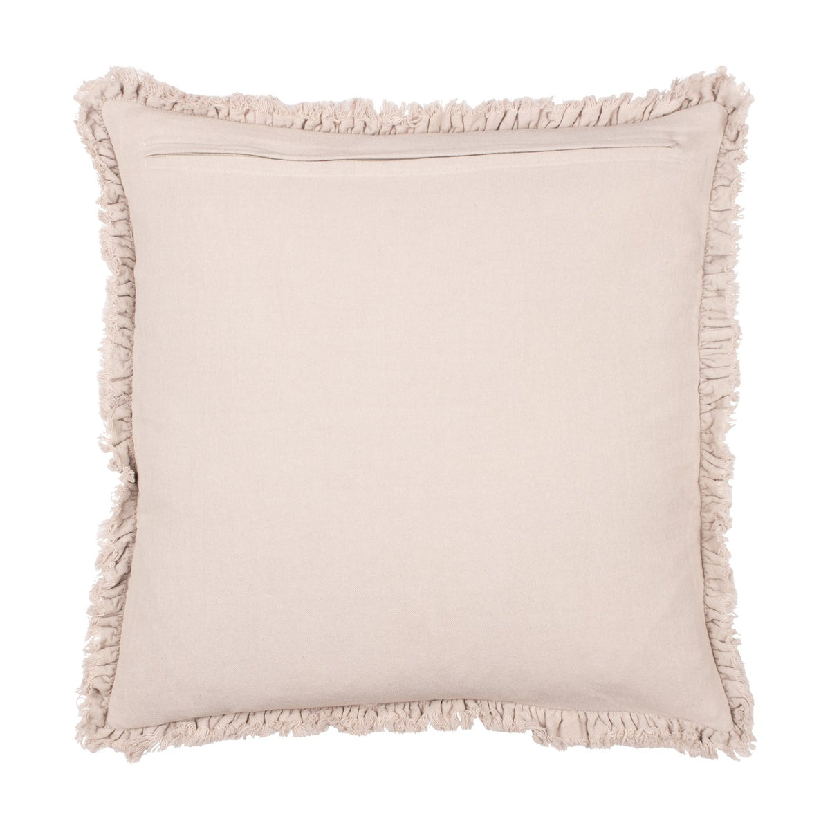 Bertie Velvet Cotton Cushion in natural, reverse side shown in plain cotton with concealed zip and frayed fringed trim on all four edges, photographed on a white background.