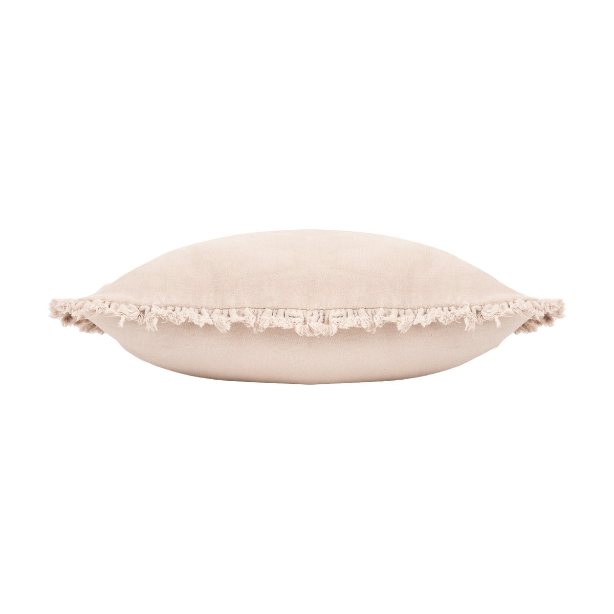 Bertie Velvet Cotton Cushion in natural, shown edge-on with frayed fringed trim along the seam, cotton velvet front and plain cotton reverse, on a plain white background.