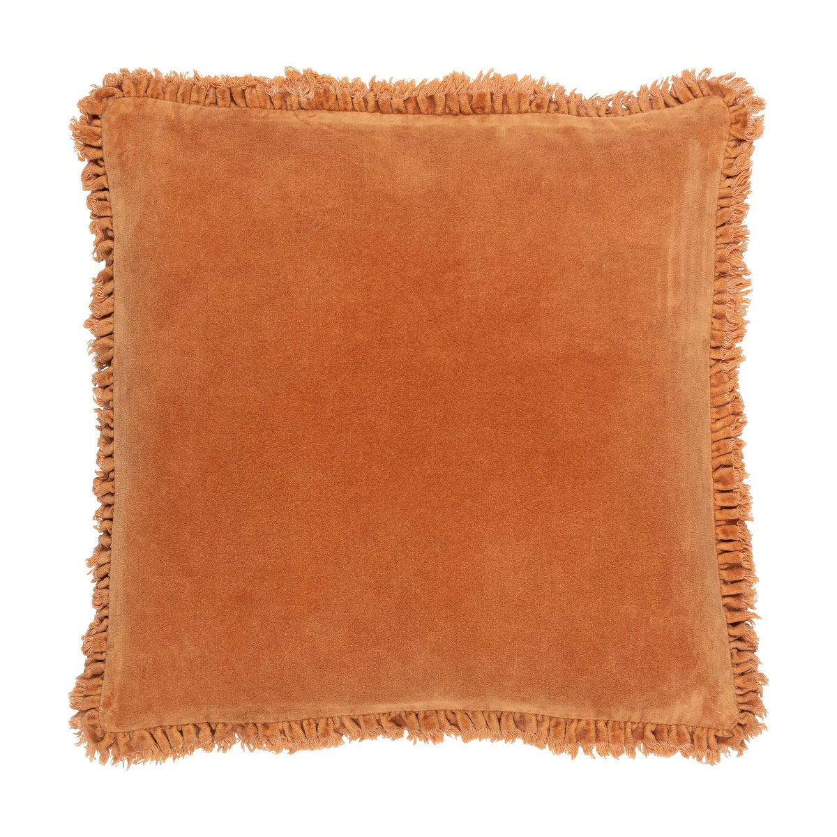 Bertie Velvet Cotton Cushion in rust, a 45 x 45cm square with washed velvet front, plain cotton reverse, and fringed edge trim, shown on a plain white background.