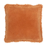 Bertie Velvet Cotton Cushion in rust, a 45 x 45cm square with washed velvet front, plain cotton reverse, and fringed edge trim, shown on a plain white background.