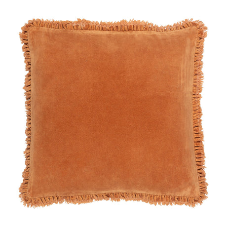 Bertie Velvet Cotton Cushion in rust, a 45 x 45cm square with washed velvet front, plain cotton reverse, and fringed edge trim, shown on a plain white background.
